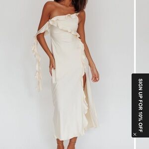 Selfie Leslie One-Shoulder Satin Ruffle Midi Dress in Butter